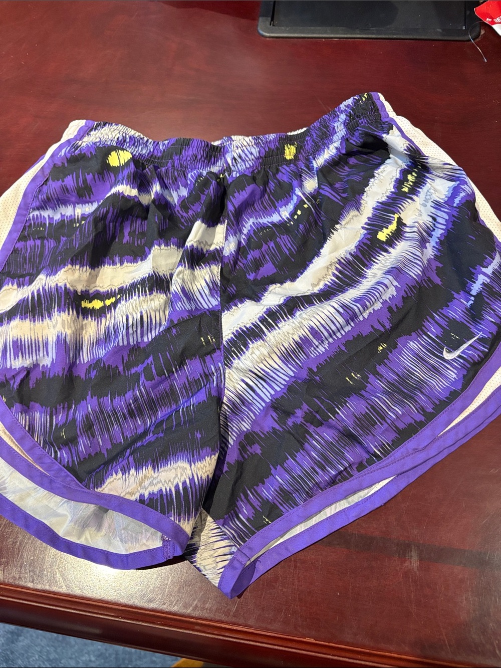 Nike Women's Purple Black Printed Athletic Shorts with Yellow Accents